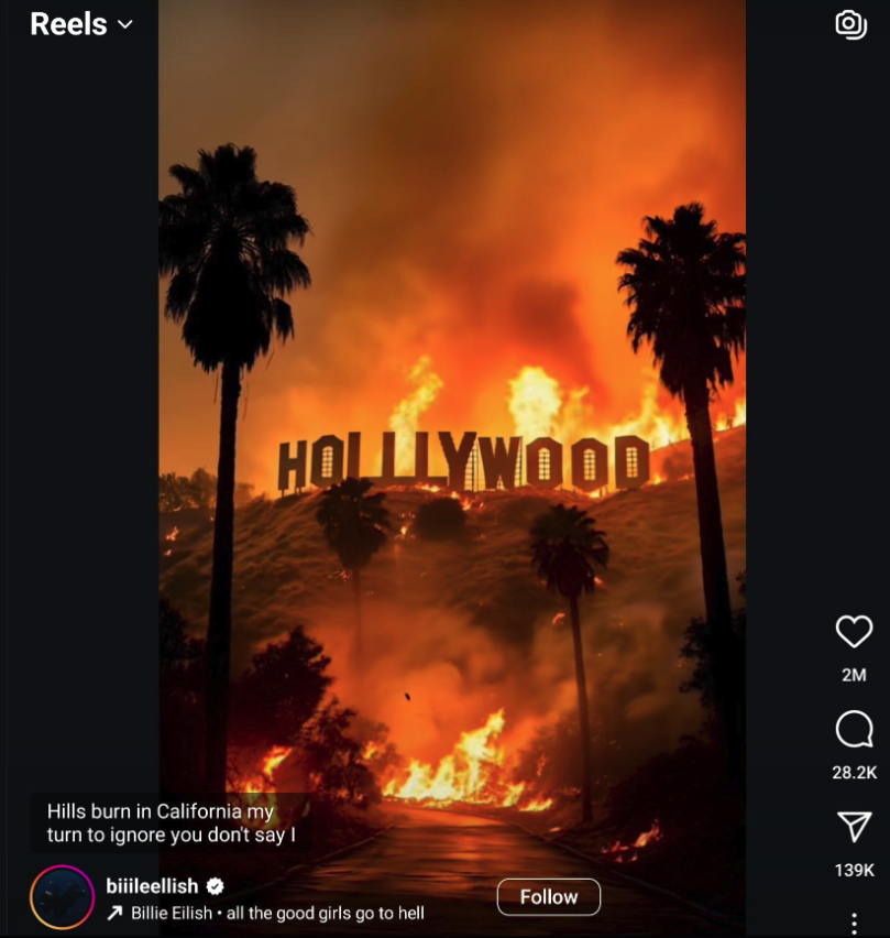 AI generated Hollywood sign on fire posted on TikTok by Billie Eilish