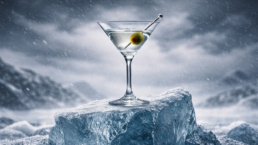 martini glass with olive on a jagged block of ice in a winter setting