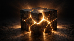 A dark cube etched with digital grid lines cracking open, with warm golden light glowing through the fractures — representing the demystification of content marketing and SEO strategy.